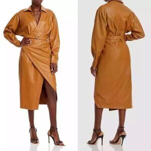 Nicholas Gayle Faux Leather Wrap Front Midi Dress Cigar Tan Brown Size 6 NWT‎